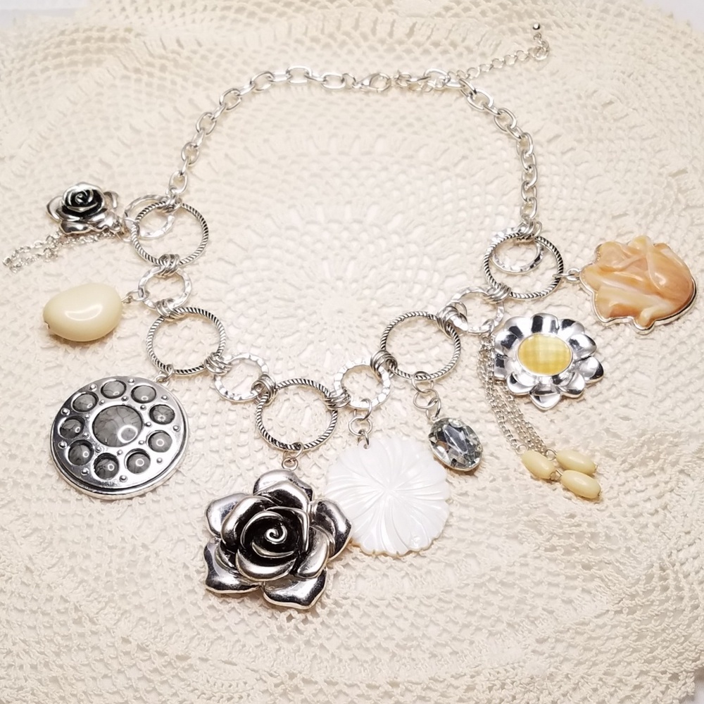 Statement Silver Shell Rose Flower Charm Necklace - image 3